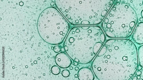 Transparent Bubble cluster, cells under a microscope. Cosmetic gel fluid with molecule bubbles distribution. The medicine concept, health care, treatment. Skin care product. Advertising of product. 4k