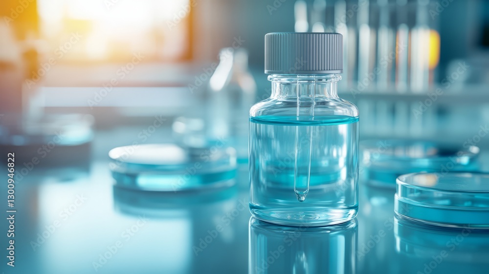 Clear Glass Bottle with Liquid on Laboratory Table Surrounded by Petri Dishes and Test Tubes Clear Glass Bottle with Liquid on Laboratory Table Surrounded by Petri Dishes and Test Tubes