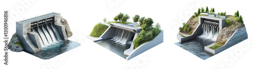 Set of Modern Hydro Power Station Design with Water Flow and Nature