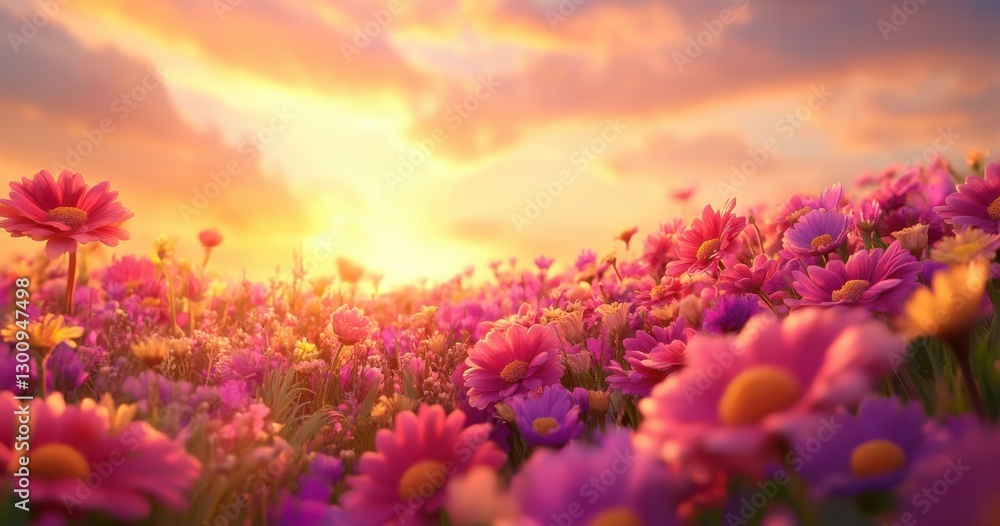 Fototapeta premium A field of pink flowers with a bright sun in the background. The sun is setting, casting a warm glow over the flowers. Scene is peaceful and serene, as the flowers and sun create a beautiful