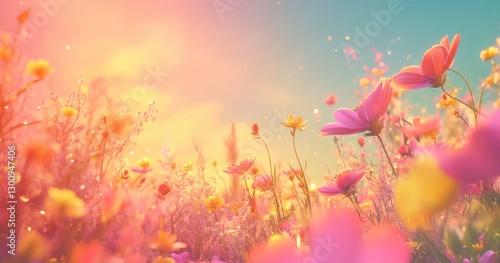 A field of flowers with a bright blue sky in the background. The flowers are pink and yellow, and the sky is a light blue. Scene is peaceful and serene, as the flowers
