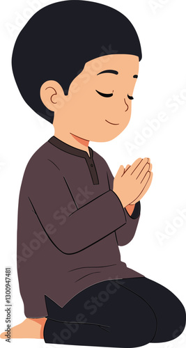 Young boy in a prayerful pose wearing a dark tunic and black pants, minimal vector illustration capturing a serene moment of reflection and spirituality in vector art