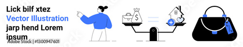 Woman gesturing toward a balance scale weighing money and housing values, alongside a handbag. Ideal for finance, lifestyle, balance, decision-making, wealth management, homeownership, flat landing