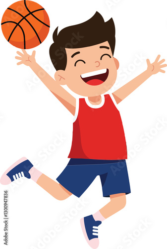 Happy young boy jumping with joy while holding a basketball in a flat and colorful vector illustration
