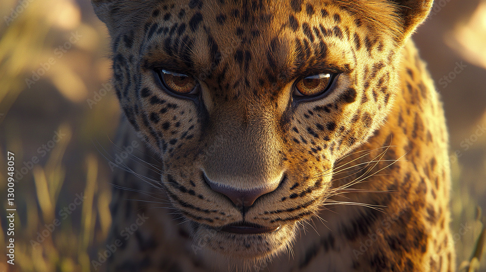 Fototapeta premium fierce leopard stares confidently in sun kissed landscape