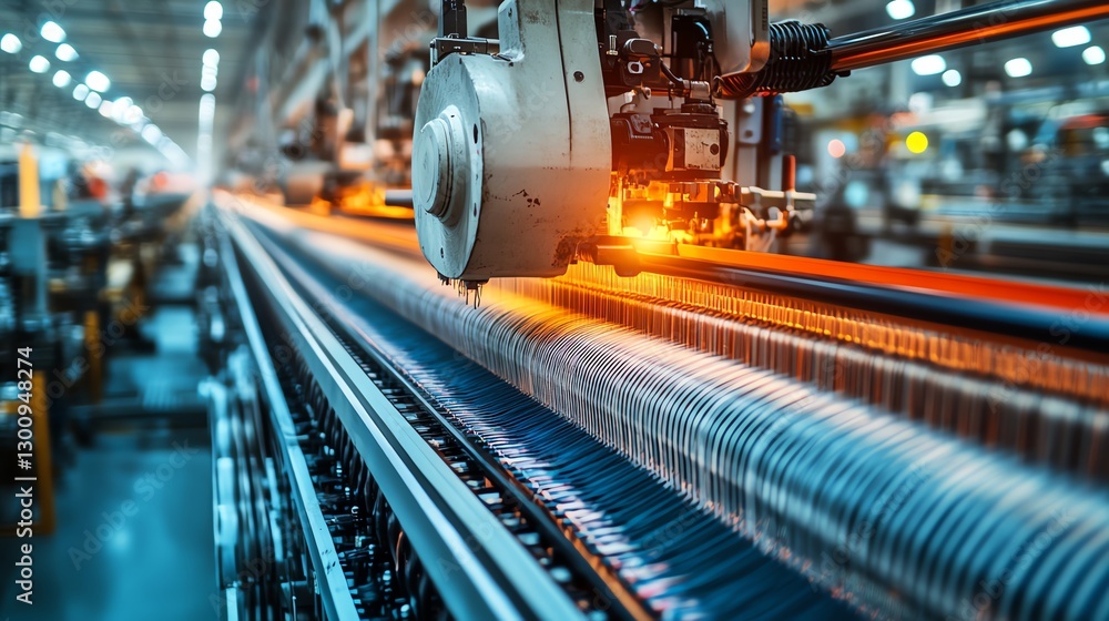 Obraz premium Industrial looms at work, weaving colorful yarns, showcasing the machinery of textile production, vibrant lighting, hightech manufacturing atmosphere