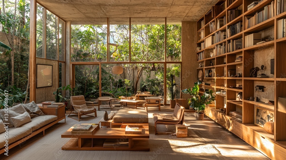Fototapeta premium Modern Living Room with Lush Garden Views