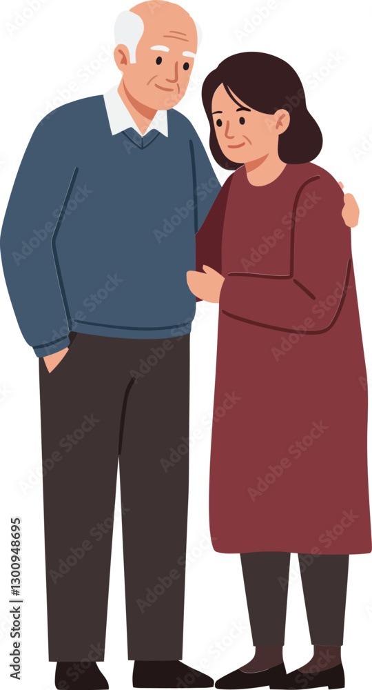 A loving elderly couple embracing each other warmly in a flat design style vector illustration showcasing affection and companionship in a joyful atmosphere