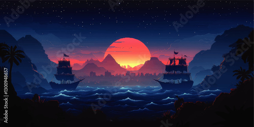 Dramatic Vector Art of Two Pirate Ships at Sunset with Mountain Silhouettes and Reflective Ocean Waves under Starry Sky - Perfect for Nautical Adventure Themes