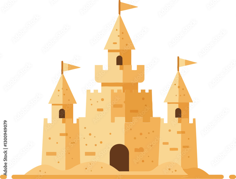 Sandcastle with three towers and flags in a flat design style showcasing a playful beach atmosphere in vector art