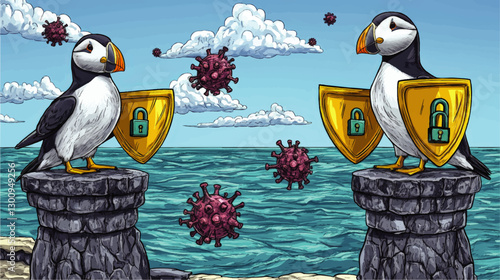 Vector Illustration of Puffins with Shields Protecting Against Viruses on Coastal Pillars - Pandemic Concept with Ocean and Cloudy Sky Background