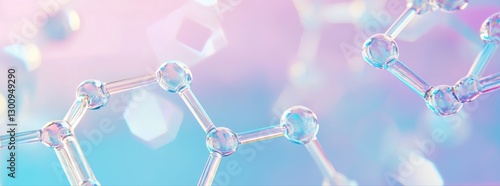 A blue and purple background with a series of glassy, clear molecules. The molecules are arranged in a way that they appear to be connected to each other, possibly forming a larger structure