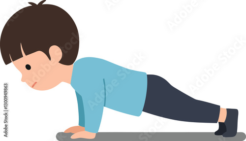 A young boy performing push-ups in a flat design style, showcasing determination and physical activity in vector illustration