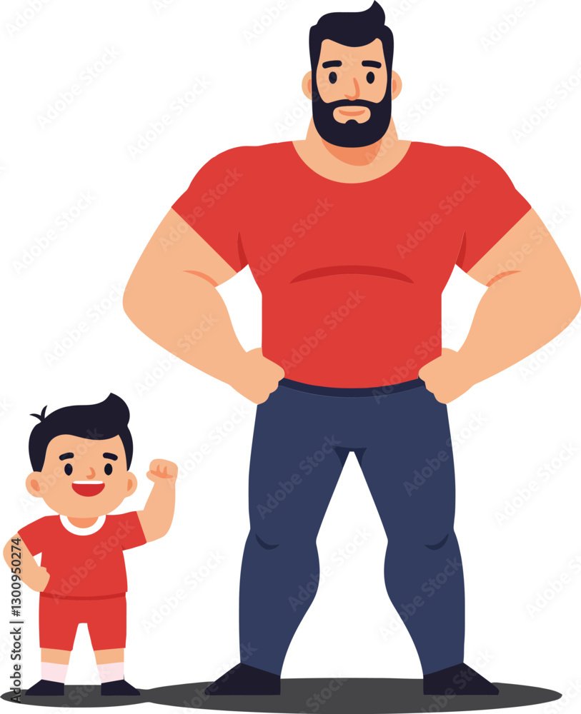Fototapeta premium Confident father and son duo posing together in bright colors with a cheerful atmosphere, showcasing flat vector illustration