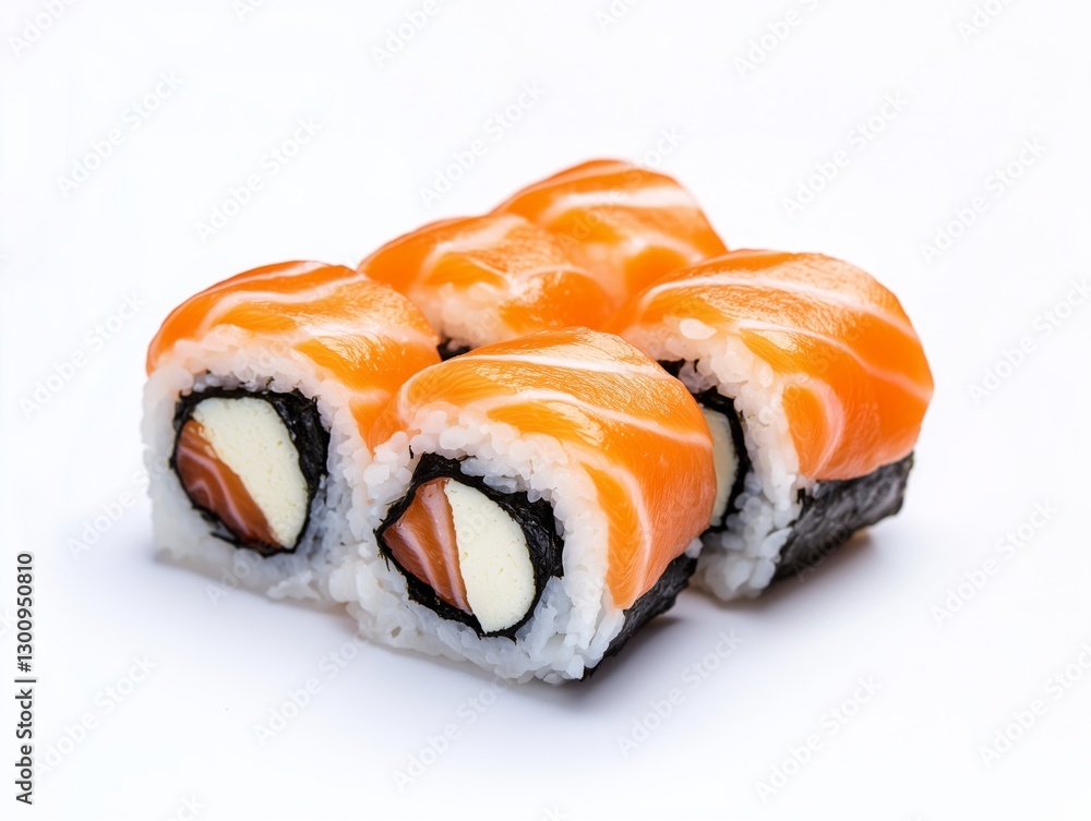Fresh salmon sushi roll with cream cheese filling. Fresh salmon sushi roll with cream cheese filling.