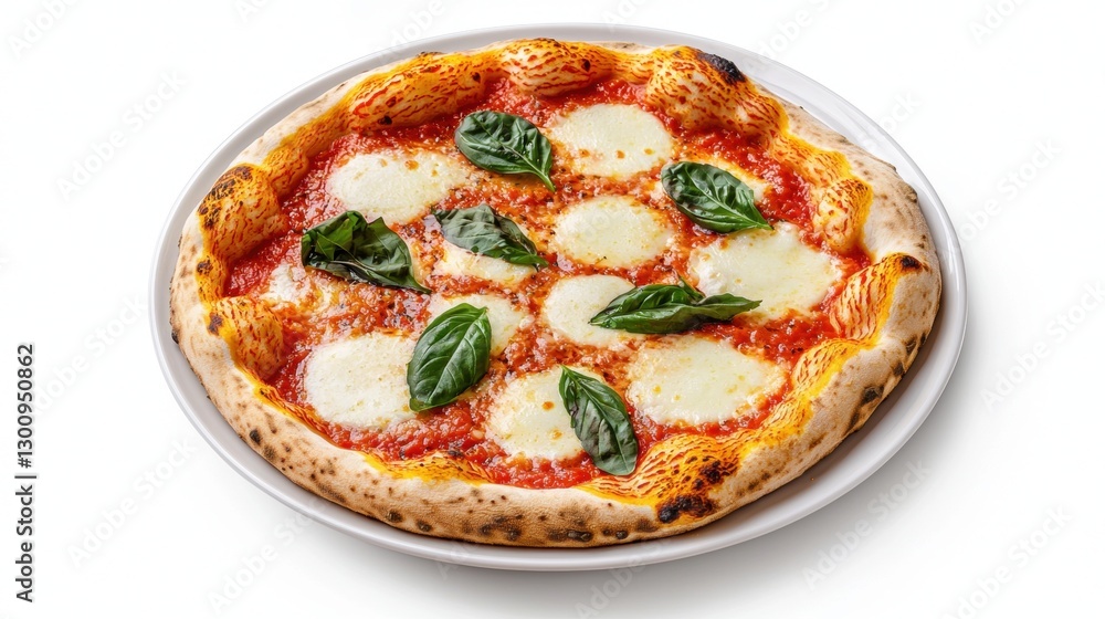 A delicious Margherita pizza topped with fresh basil and mozzarella on a golden crust, served on a white plate. A delicious Margherita pizza topped with fresh basil and mozzarella on a golden crust, served on a white plate.
