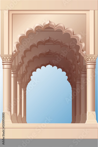vector cartoon indian Mughal arch illustration. Oriental style hand drawn clip art