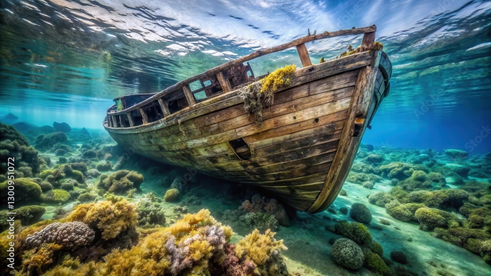 Obraz premium Weathered wooden hull of a shipwreck partially submerged in the ocean, with seaweed and coral growing around it