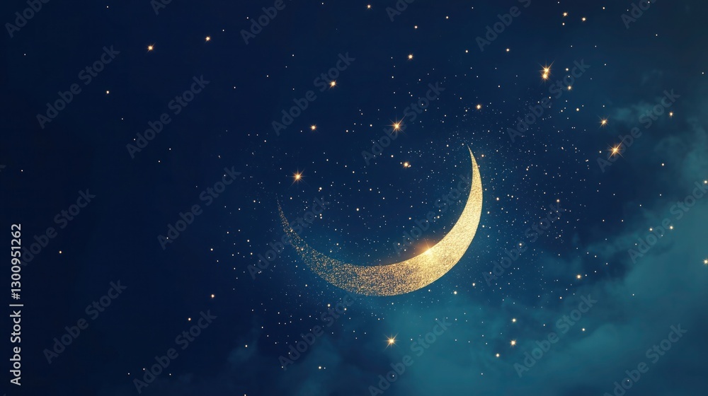 Mesmerizing night sky scene with a glittering crescent moon surrounded by numerous stars. The deep blue backdrop enhances the celestial beauty of this enchanting view. Mesmerizing night sky scene with a glittering crescent moon surrounded by numerous stars. The deep blue backdrop enhances the celestial beauty of this enchanting view.