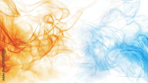 Orange and blue smoke swirls on white background; duality concept; abstract art for design