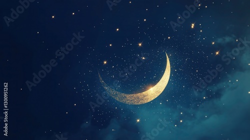 Mesmerizing night sky scene with a glittering crescent moon surrounded by numerous stars. The deep blue backdrop enhances the celestial beauty of this enchanting view.