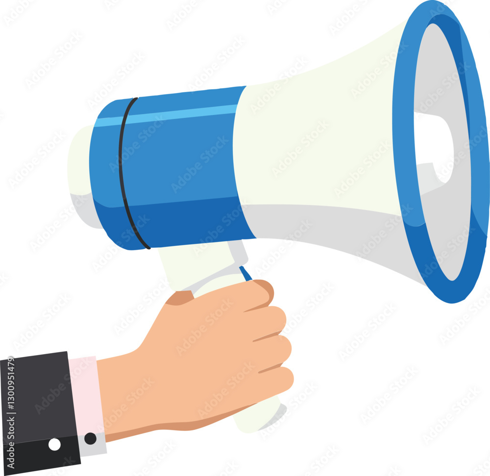 Hand holding a blue and white megaphone in a business suit, flat and minimal vector art