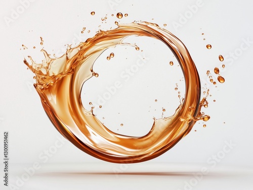 Dynamic splash of golden liquid forming a circular shape.