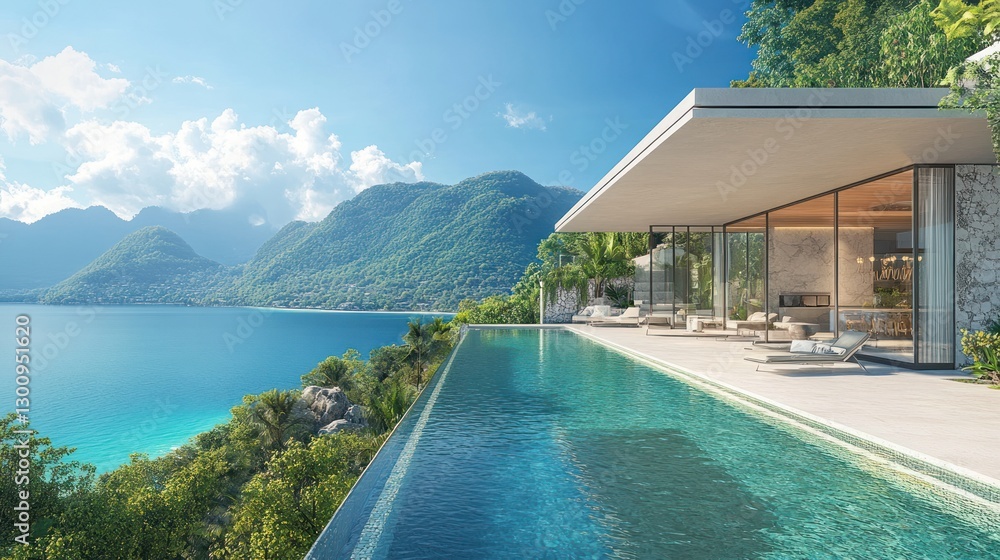 Fototapeta premium Luxury Villa with Infinity Pool Overlooking Serene Mountain Lake