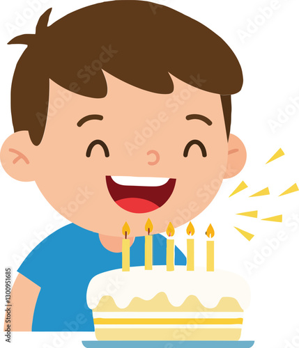 Happy boy with brown hair smiling joyfully while blowing out birthday candles on a white cake in a flat vector illustration