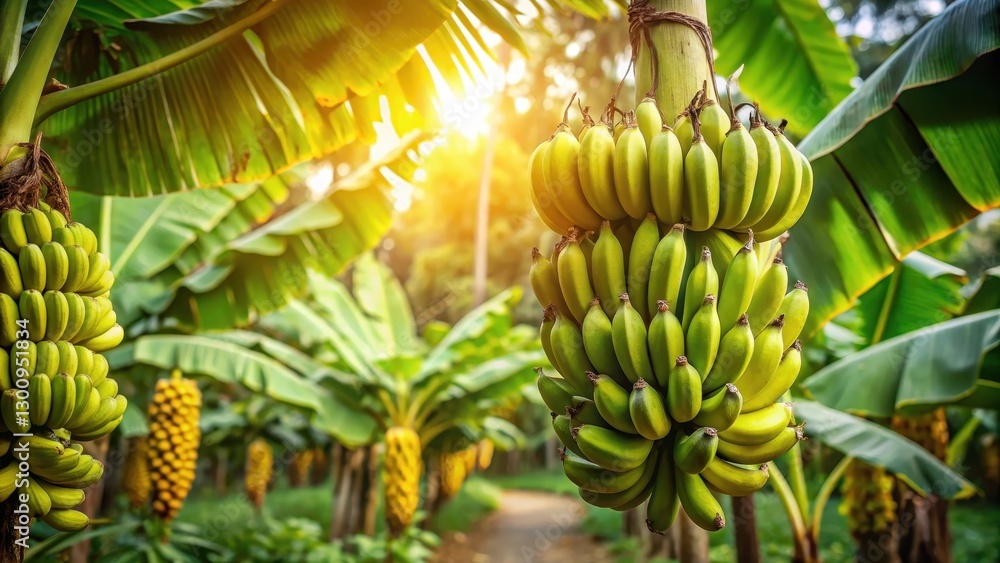Cluster of ripe bananas hanging from a tree in an Indonesian plantation, with sunlight filtering through the lush green leaves and vibrant flowers , Indonesia, nature Cluster of ripe bananas hanging from a tree in an Indonesian plantation, with sunlight filtering through the lush green leaves and vibrant flowers , Indonesia, nature
