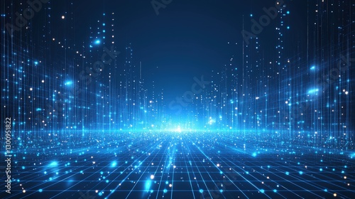 Futuristic digital glowing grid network. A virtual grid shines with blue light. Cyberspace network and abstract background. Techy design with perspective and innovation. Modern science virtual