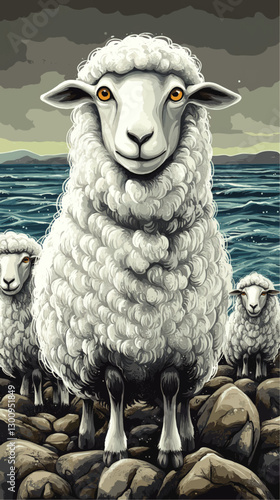 Majestic Sheep Vector Illustration on Rocky Seashore Under Stormy Sky - Detailed Digital Art for Children's Books and Nature Inspired Wall Décor