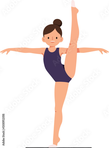 A young girl performing a graceful ballet pose on one leg, dressed in a dark leotard, illustrated in a flat and minimal style, vector art