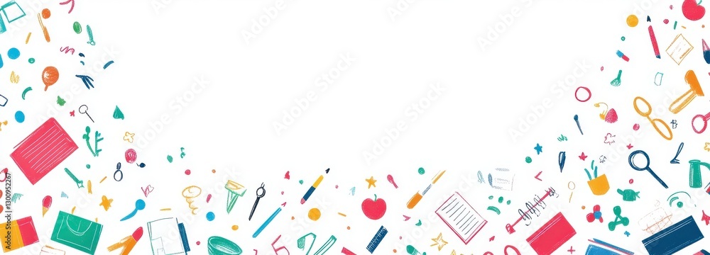 A colorful background with various objects such as a book, a pen, a knife, a cup, a spoon, a bottle, a bowl, a cupcake, a key, a pair of scissors, a spoon, a knife, a cupcake A colorful background with various objects such as a book, a pen, a knife, a cup, a spoon, a bottle, a bowl, a cupcake, a key, a pair of scissors, a spoon, a knife, a cupcake