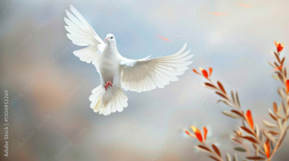 Fototapeta premium A White Dove Soaring Above a Tranquil Battlefield: Olive Branches and the Dawn of Lasting Peace