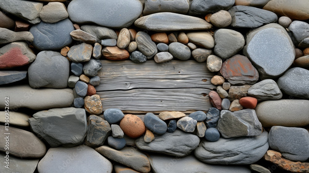 Frame made of stones with a background of wood. AI generative.