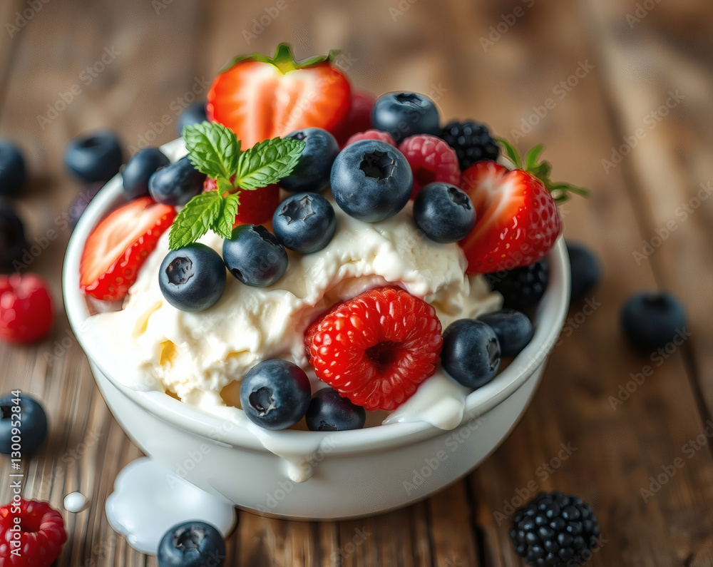 Indulgent summer dessert featuring a bowl of creamy yogurt topped with fresh berries and mint on a rustic wooden table Indulgent summer dessert featuring a bowl of creamy yogurt topped with fresh berries and mint on a rustic wooden table