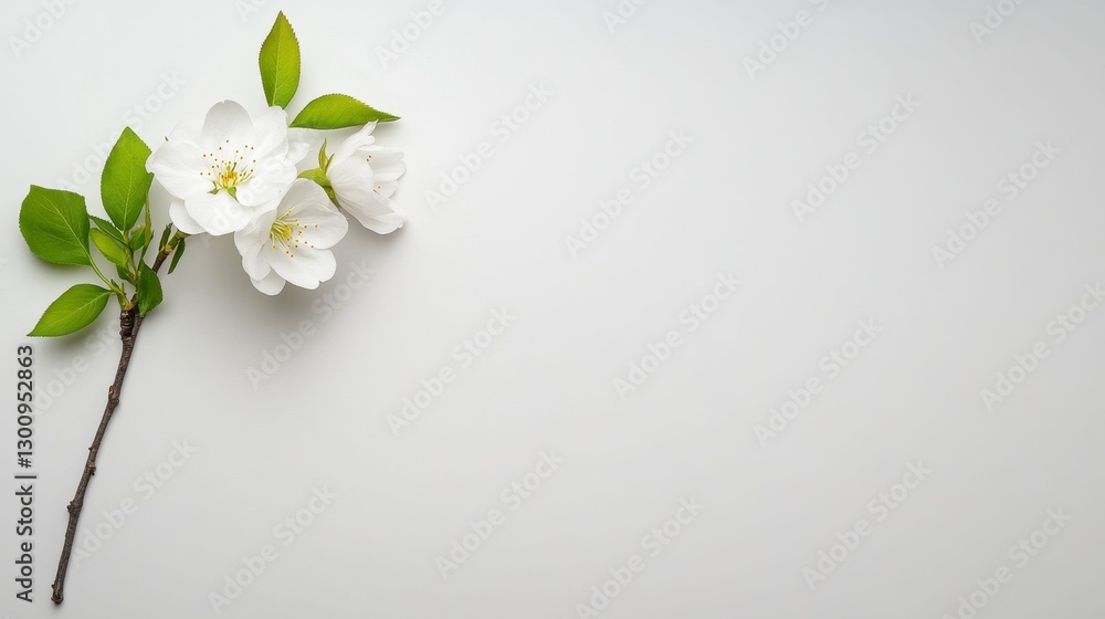 White Spring Blossoms on Branch with Green Leaves on White Background White Spring Blossoms on Branch with Green Leaves on White Background