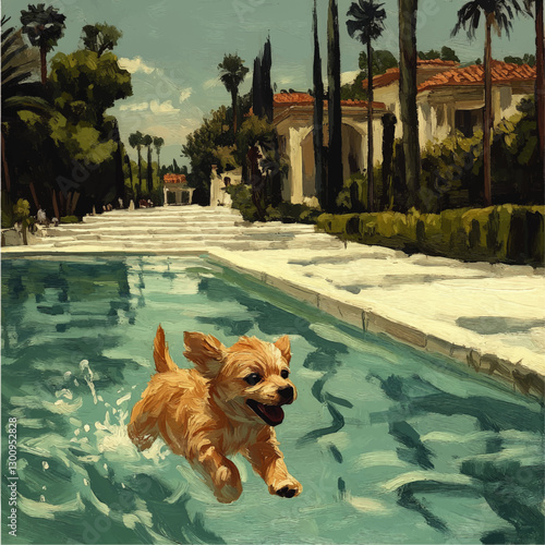 Energetic Puppy Joyfully Running in Luxurious Poolside Path Surrounded by Lush Green Trees and Elegant Villas - Perfect Summer Recreation Vector Art