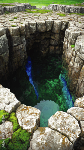 Stunning Vector Image of Natural Rock Formation and Clear Water Pool with Green Moss on Stone Surface and Blue Sky Reflections, Perfect for Geo Tourism Content