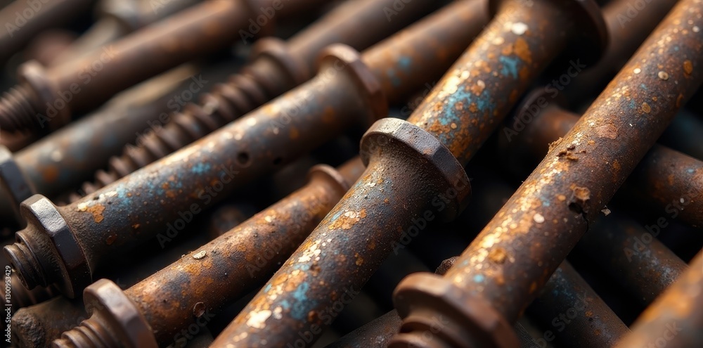 Close-up of piled rusty bolts, showing intricate texture , steel, corrosion Close-up of piled rusty bolts, showing intricate texture , steel, corrosion
