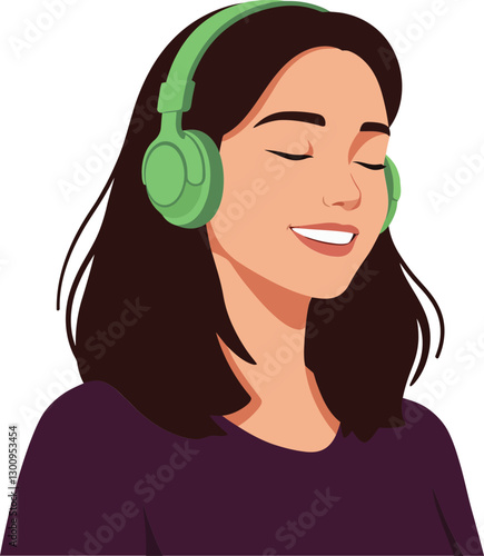 Young woman enjoying music with green headphones in a minimalistic flat design style, conveying happiness and relaxation through vector illustration