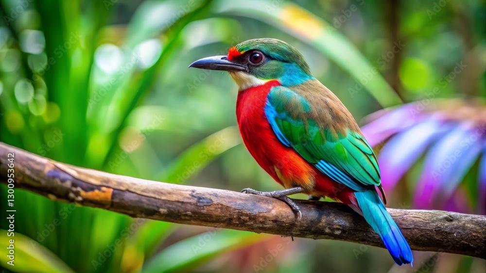 Obraz premium Vibrant tropical bird perched on a branch, showcasing iridescent plumage in a lush green setting