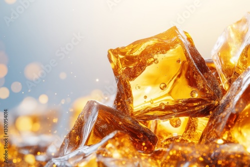 A magnified view of amber inclusions, revealing tiny bubbles and ancient organic materials suspended inside