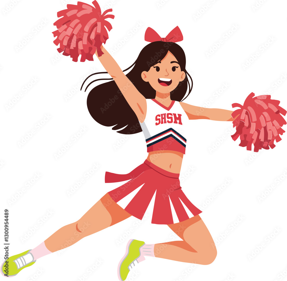 Cheerleader in a red and white uniform performing an energetic jump with pink pom-poms in a flat vector illustration