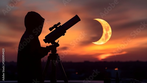 A silhouetted figure observing the crescent moon through a telescope at sunset. Concept Crescent Moon Viewing, Silhouette Photography, Sunset Astronomy, Telescopic Observation, Quiet Reflection