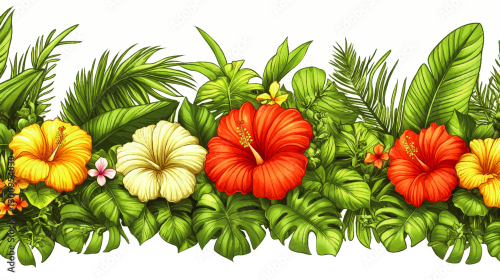 Obraz premium Vibrant Tropical Hibiscus Floral Vector Seamless Border with Lush Greenery, Monstera, and Palm Leaves - Perfect for Botanical Gardens and Summer Themes