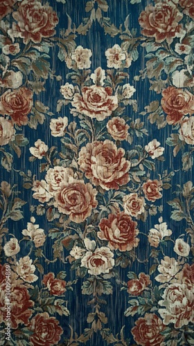 Elegant Floral Pattern: Exquisite floral tapestry in a vertical format, showcasing a detailed arrangement of roses and blossoms. The intricate design, rich colors.