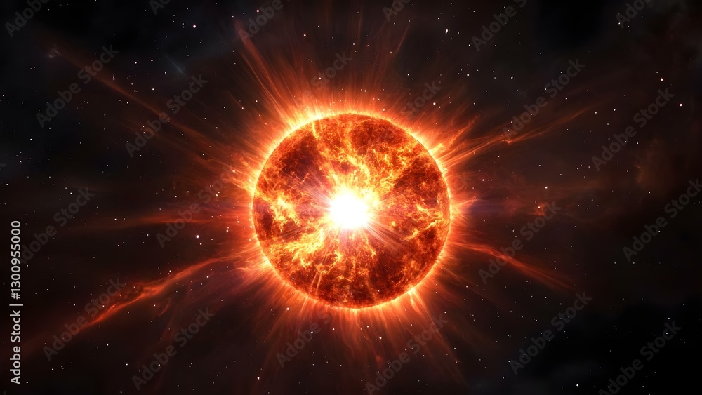 Obraz premium A vivid depiction of a glowing sun surrounded by colorful solar flares and a starry background, showcasing cosmic beauty. Concept Glowing Sun, Colorful Solar Flares, Starry Background, Cosmic Beauty