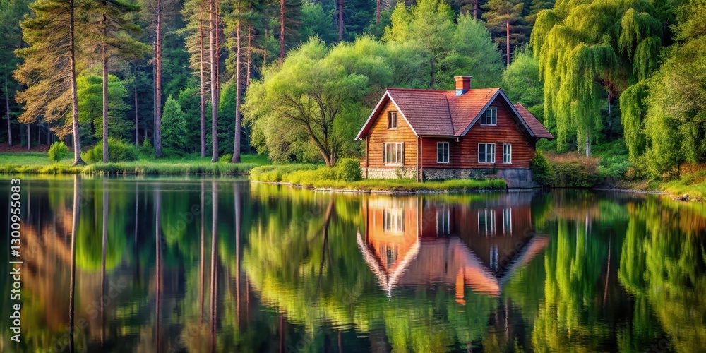 Obraz premium A quaint red-brick cottage nestled among trees on the edge of a peaceful lake, its windows reflecting the calm waters like a mirrored surface , forest, cottage